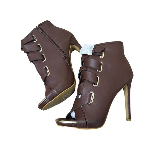 New bootie heels strappy chocolate brown open toe gold hardware Sexy SZ 8 - Picture 7 of 7